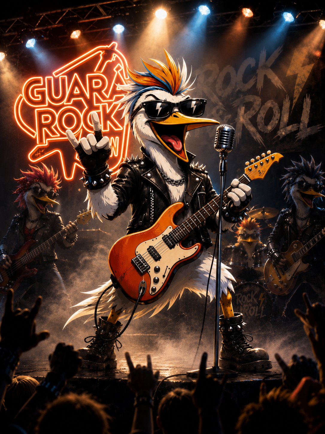Mascote Guará Rock Show no palco com banda e público